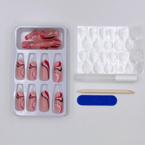 Chic Rounded Press-On Nails with Pink, Black & Fuchsia Swirls - Picture 3 of 4